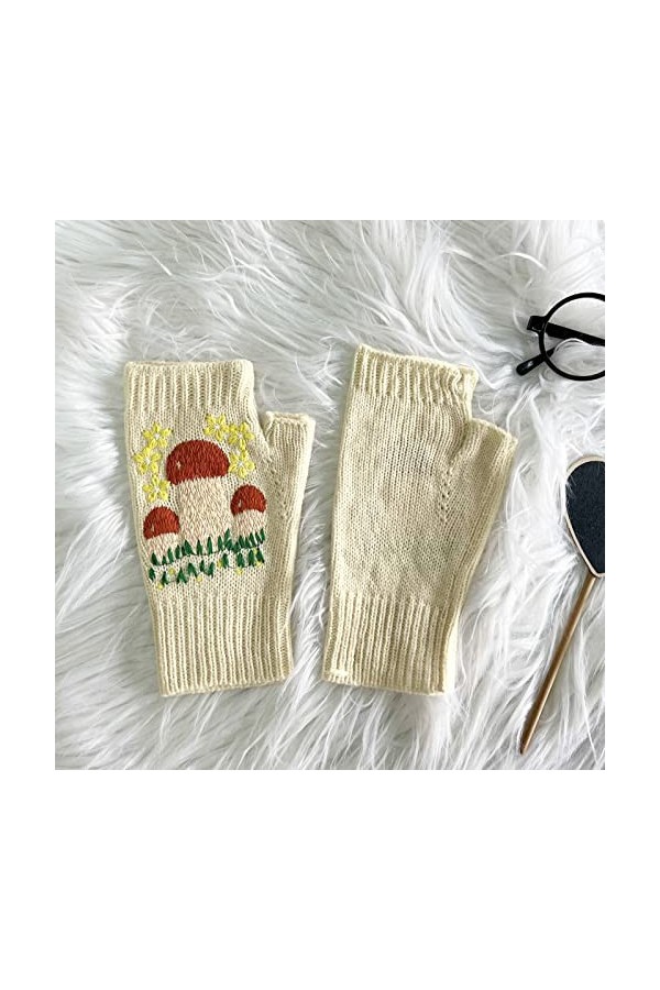 Gants tricotés multicolores pour femme - Automne et hiver - Style rétro - Avec poche - Blanc - Taille unique