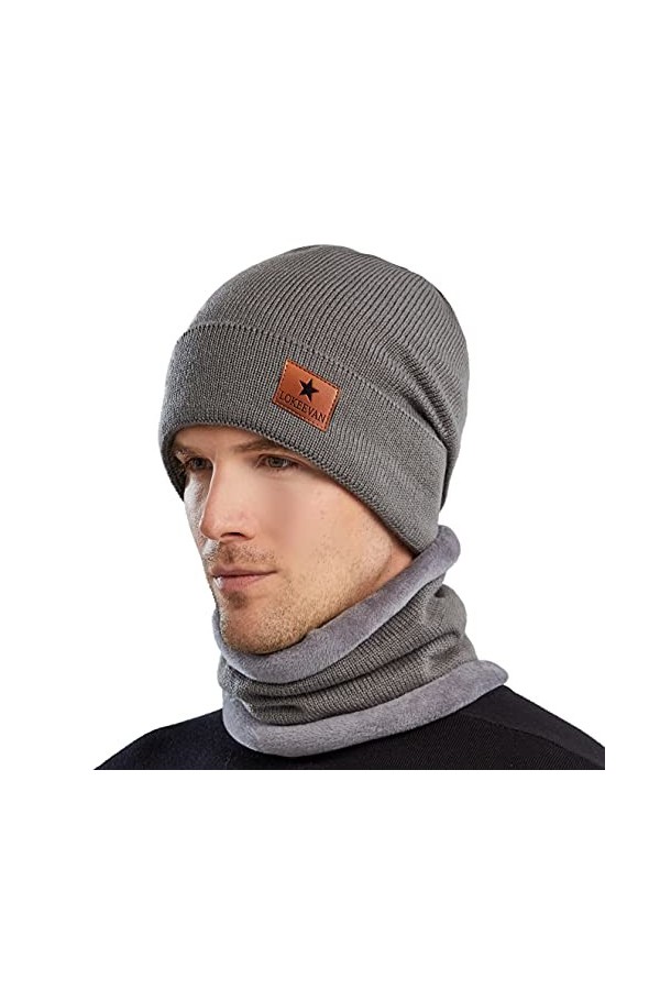 LOKEEVAN Chapeau Hiver Bonnet Écharpe Ensemble Homme ou Femme Doublure Molleton Doux Automne Chapeau Tricoté DeepGray 