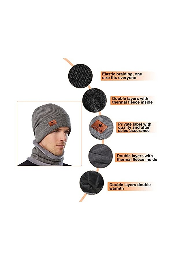 LOKEEVAN Chapeau Hiver Bonnet Écharpe Ensemble Homme ou Femme Doublure Molleton Doux Automne Chapeau Tricoté DeepGray 