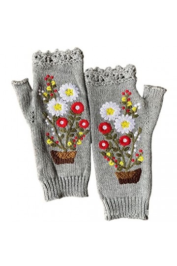 Frotox Gants brodés à motif floral - Longueur poignet - Mitaines tricotées extensibles - Mitaines de dessin animé, gris, 22*1
