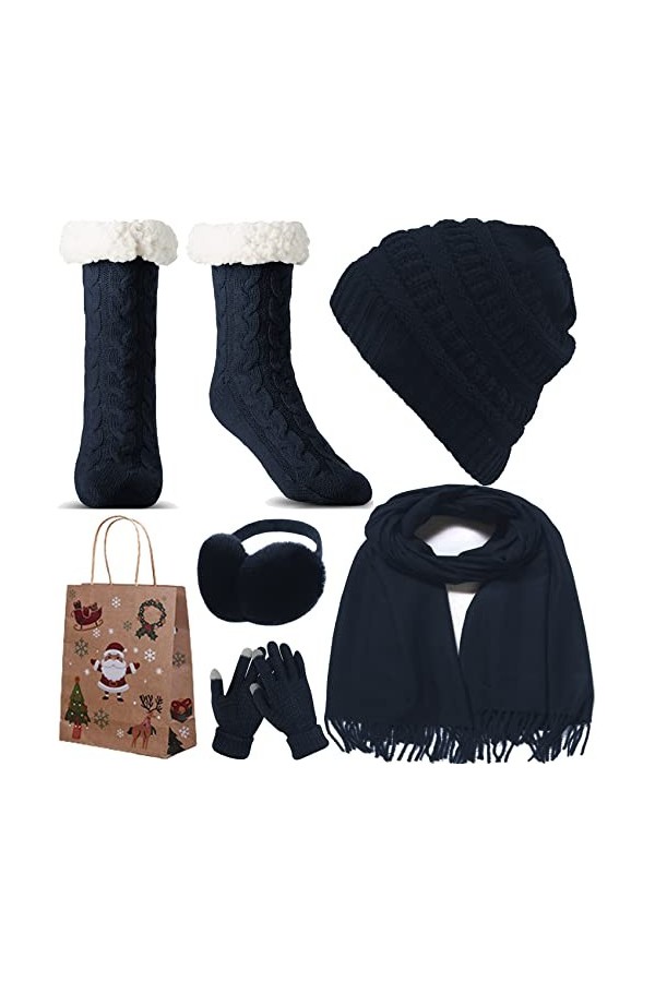 WEASIC Packs Bonnet, écharpe Et Gants Femme Ensemble Bonnet Echarpe Femme Chaussettes Antidérapantes Chaudes Thermiques Femme