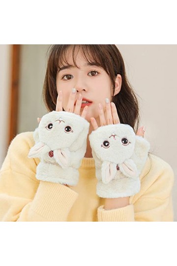 Mesdames Mignon Lapin en Peluche Flip Gants sans Doigts, Gants sans Doigts Chauds dhiver, Gants sans Doigts Chauds pour lex