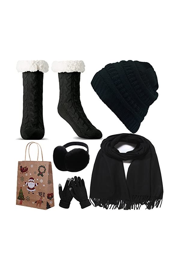WEASIC Packs Bonnet, écharpe Et Gants Femme Ensemble Bonnet Echarpe Femme Chaussettes Antidérapantes Chaudes Thermiques Femme