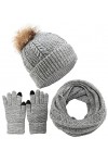 CheChury Femme Tricotés Chapeau Ensemble Bonnet Pompom Écharpe Gants Écran Tactile Hiver Chaud Tour de Cou avec Doublure 3 Pi