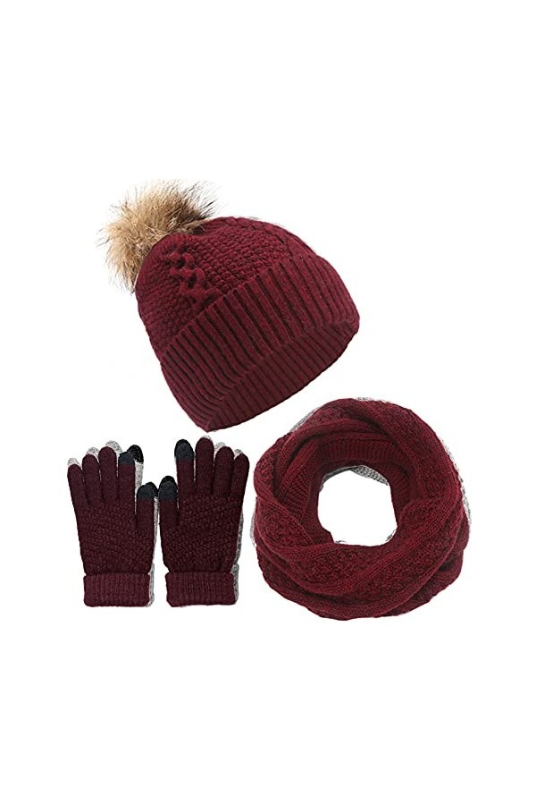 CheChury Femme Tricotés Chapeau Ensemble Bonnet Pompom Écharpe Gants Écran Tactile Hiver Chaud Tour de Cou avec Doublure 3 Pi