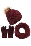 CheChury Femme Tricotés Chapeau Ensemble Bonnet Pompom Écharpe Gants Écran Tactile Hiver Chaud Tour de Cou avec Doublure 3 Pi