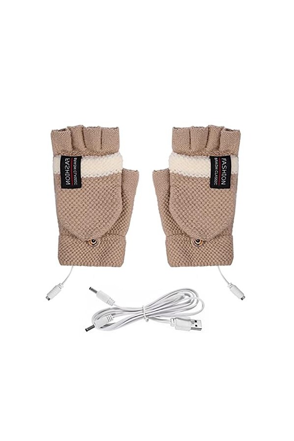 Gants chauffants USB pour homme et femme - Gants chauds dhiver tricotés - Mitaines chauffantes USB, kaki, taille unique