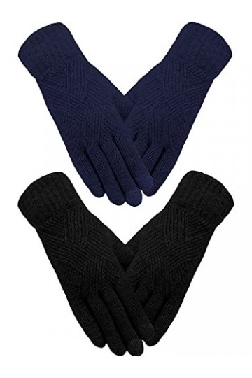 2 Paires Gants d’Hiver en Tricot Gants à Écran Tactile à Double Couche Élastiques pour Femmes Noir, Bleu Marine 