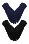 2 Paires Gants d’Hiver en Tricot Gants à Écran Tactile à Double Couche Élastiques pour Femmes Noir, Bleu Marine 