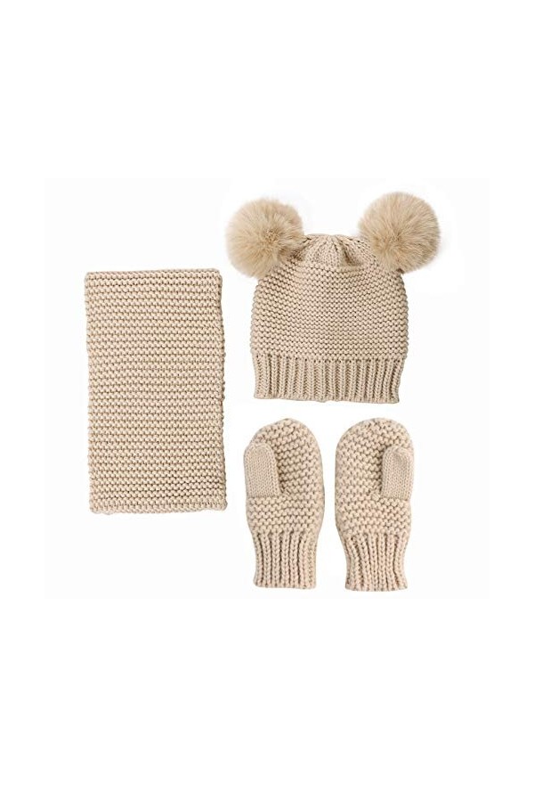 Petyoung Ensemble Écharpe Bonnet Et Moufles pour Tout-Petits Mitaines Bébé Hiver Tricoté Pompon Cache-Cou pour Garçons 0-3 An