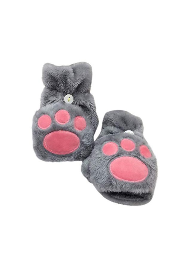 Guoyy Femmes hiver épaissie en peluche chat mignon griffe ours patte Flip Gants sans doigts convertibles mitaines réchauffe-p