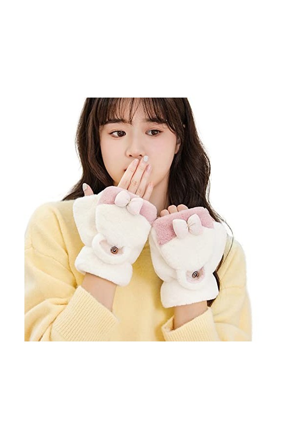 Liyinco Gants sans Doigts en Peluche avec nœud Mignon dhiver, Gants sans Doigts Chauds pour Femmes, Gants sans Doigts Chauds