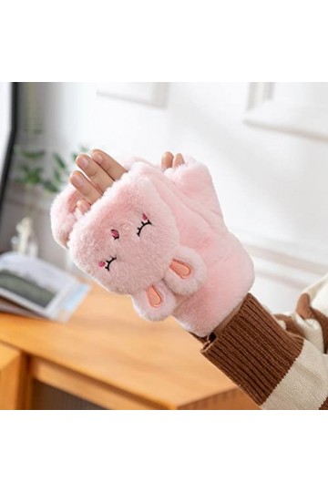 Mesdames Mignon Lapin Flip Gants sans Doigts, Hiver Chaud Épais Gants sans Doigts en Peluche, Gants Tricotés Demi Doigt pour 