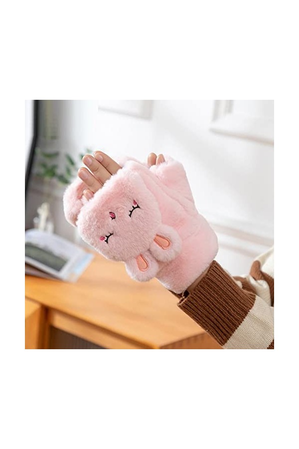 Mesdames Mignon Lapin Flip Gants sans Doigts, Hiver Chaud Épais Gants sans Doigts en Peluche, Gants Tricotés Demi Doigt pour 