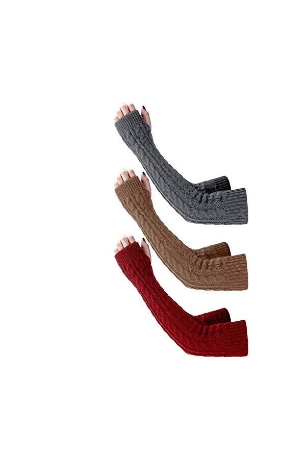 3 Paires Chauffe-Bras Long Gants d’Hiver sans Doigts Chauffe-Bras Poignets en Tricot avec Trou de Pouce pour Femmes Filles J