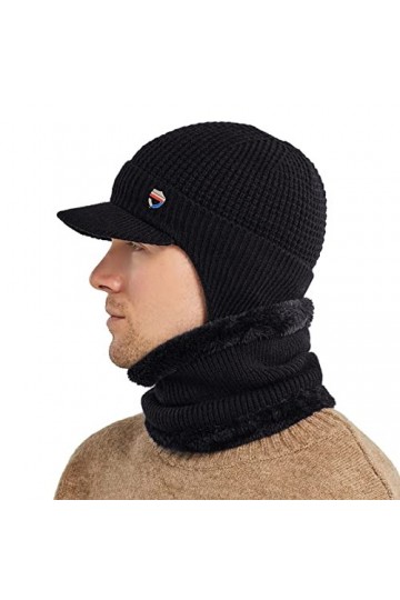 Tricoté Hiver Casquette Écharpe Ensemble Chaud Bonnet Pour Hommer Avec Oreille Protect et Polair Tube Cache Cou Noir 