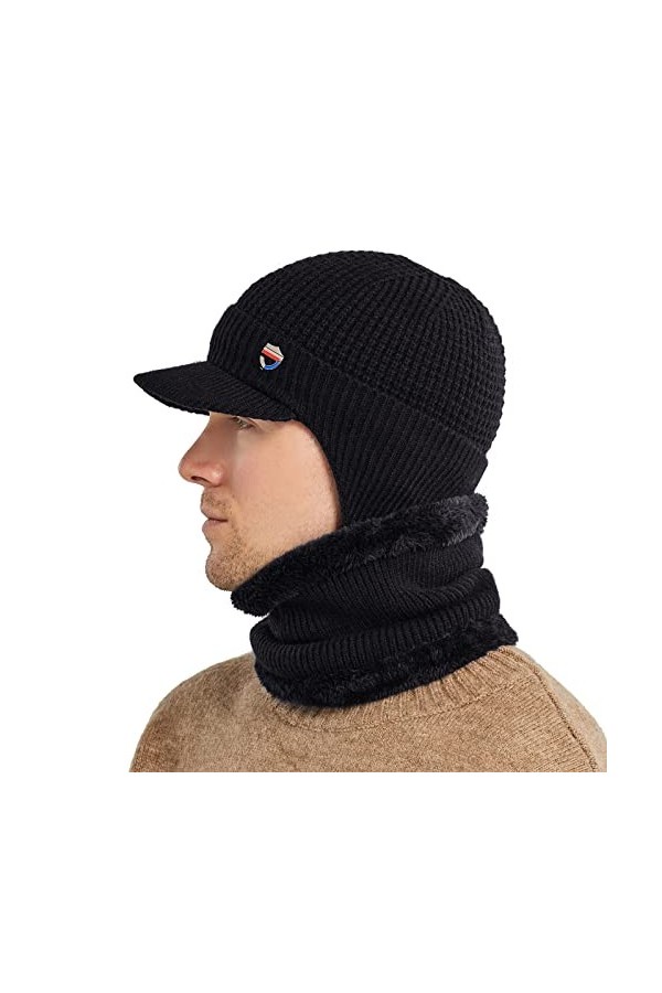 Tricoté Hiver Casquette Écharpe Ensemble Chaud Bonnet Pour Hommer Avec Oreille Protect et Polair Tube Cache Cou Noir 