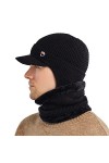 Tricoté Hiver Casquette Écharpe Ensemble Chaud Bonnet Pour Hommer Avec Oreille Protect et Polair Tube Cache Cou Noir 
