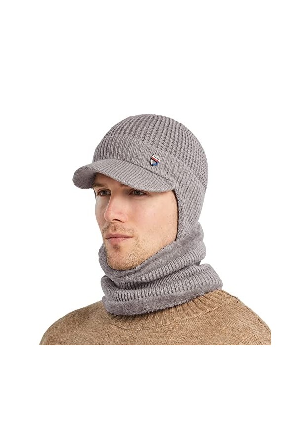 Tricoté Hiver Casquette Écharpe Ensemble Chaud Bonnet Pour Hommer Avec Oreille Protect et Polair Tube Cache Cou Noir 