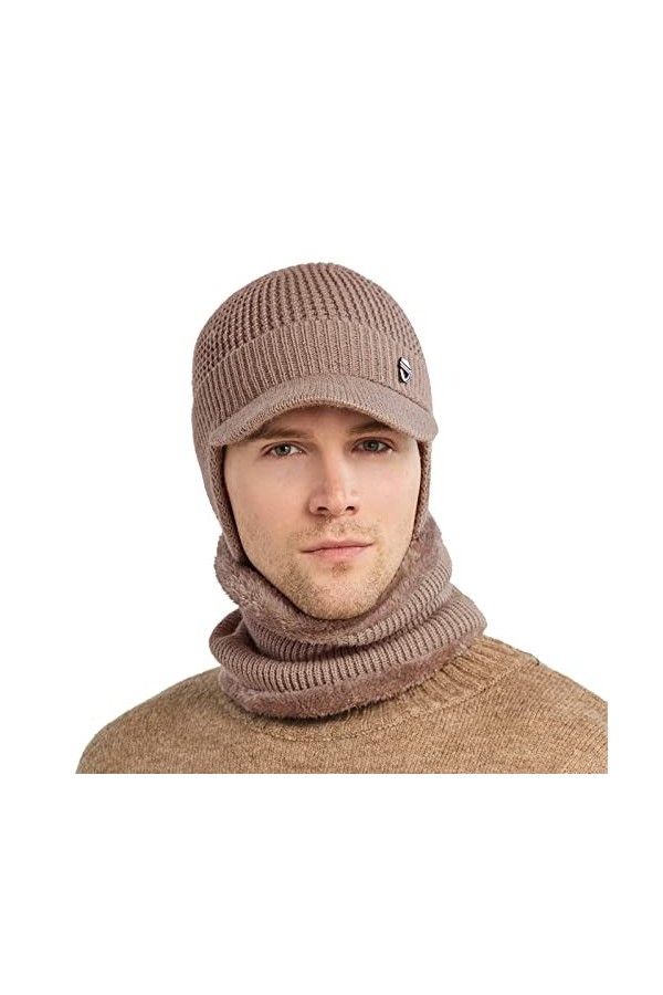 Tricoté Hiver Casquette Écharpe Ensemble Chaud Bonnet Pour Hommer Avec Oreille Protect et Polair Tube Cache Cou Noir 