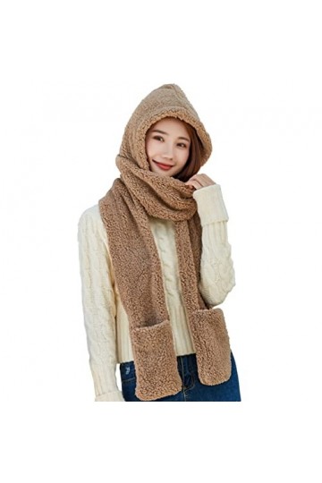Ensemble de bonnet/écharpe/gants à capuche pour femme en polaire douce avec poches à gants, en peluche douce et épaisse kaki