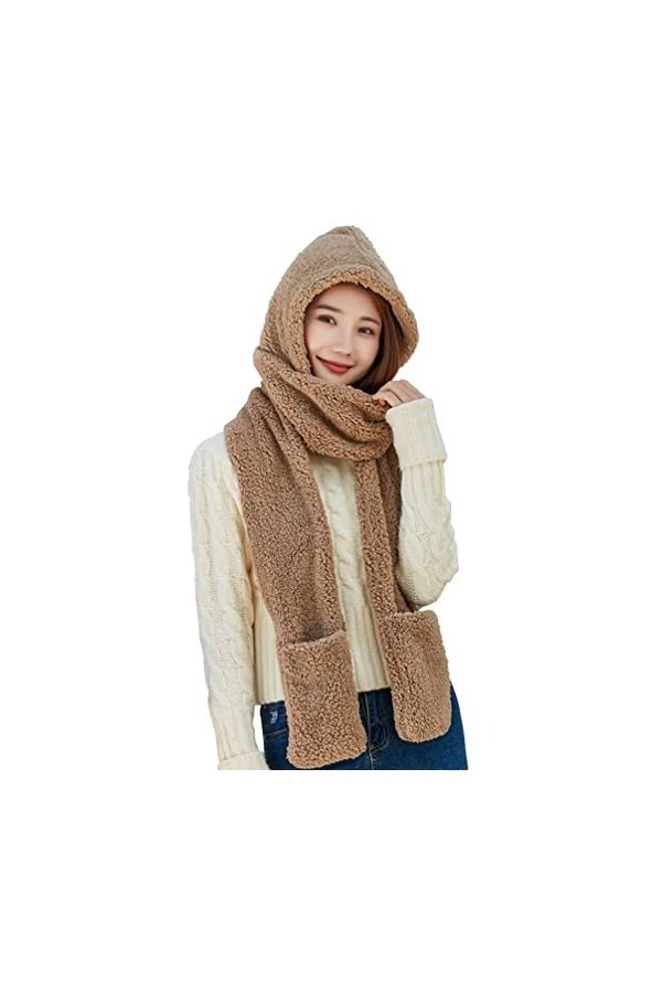 Ensemble de bonnet/écharpe/gants à capuche pour femme en polaire douce avec poches à gants, en peluche douce et épaisse kaki