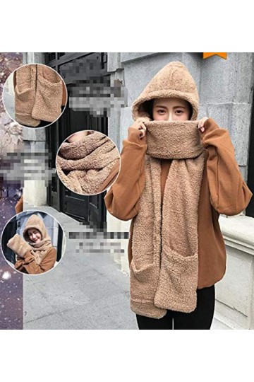 Ensemble de bonnet/écharpe/gants à capuche pour femme en polaire douce avec poches à gants, en peluche douce et épaisse kaki
