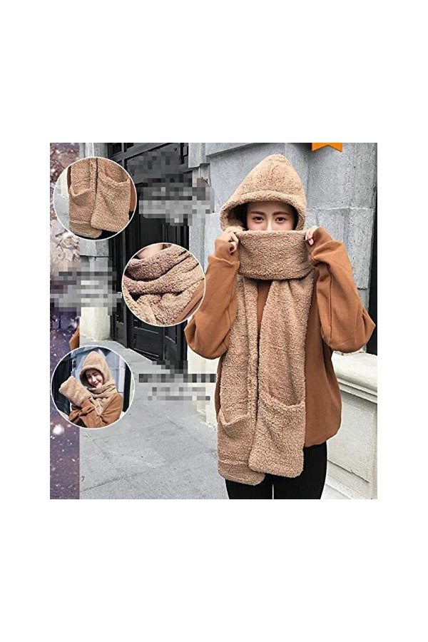 Ensemble de bonnet/écharpe/gants à capuche pour femme en polaire douce avec poches à gants, en peluche douce et épaisse kaki