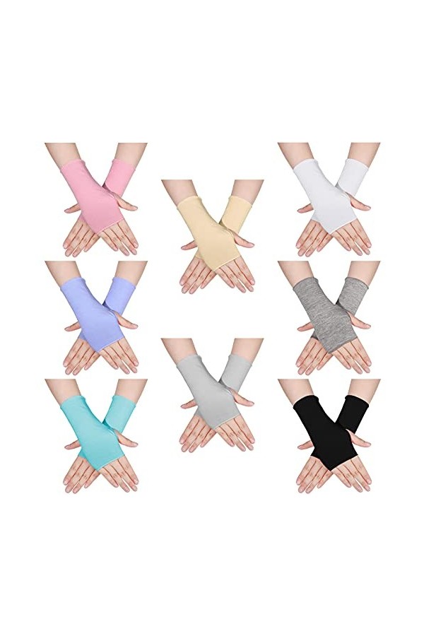 Lot de 8 paires de mitaines anti-soleil pour femme - Protection UV - Longueur du poignet - Antidérapantes - Pour activités de