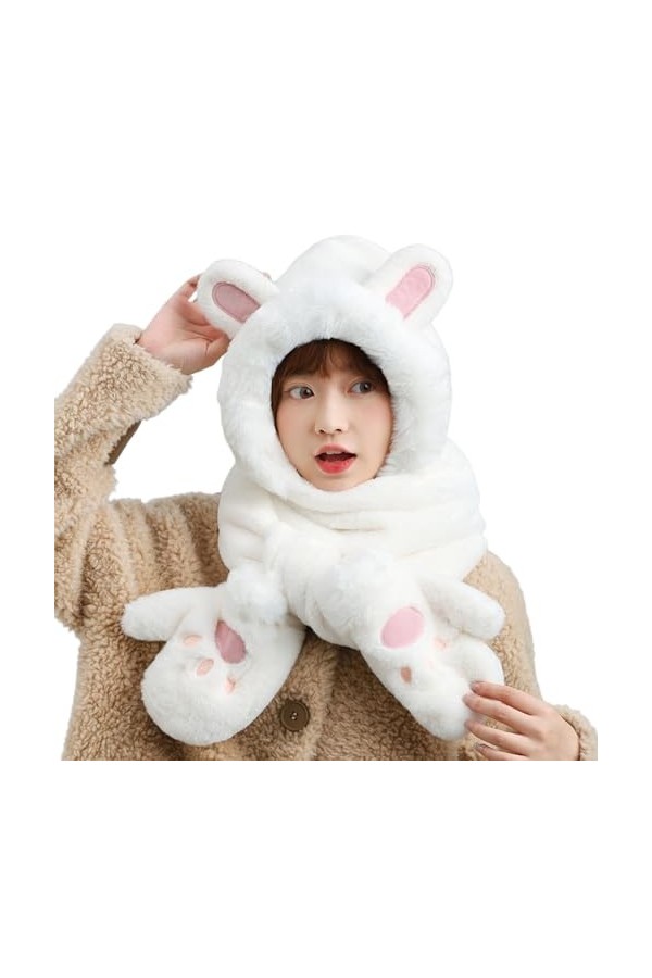 Caxndycing Écharpe dhiver 3 en 1 pour femme avec moufles thermique en fausse fourrure - Cache-cou - Pour cosplay, fête - Pou