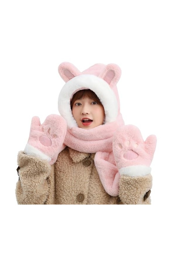 Caxndycing Écharpe dhiver 3 en 1 pour femme avec moufles thermique en fausse fourrure - Cache-cou - Pour cosplay, fête - Pou