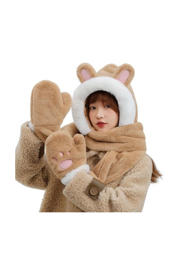 Écharpe dhiver 3 en 1 pour femme avec moufles thermique en fausse fourrure - Cache-cou - Joli cosplay - Casquette de fête po