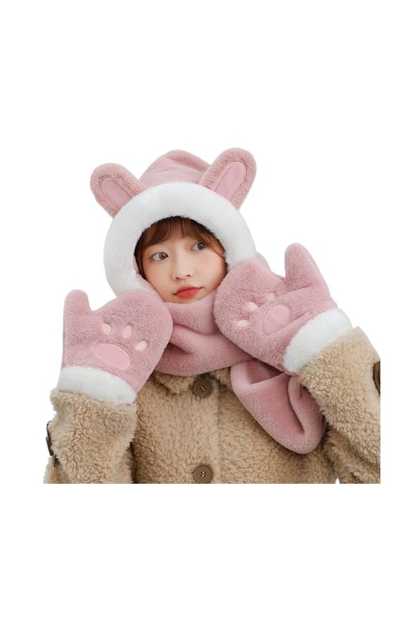 Écharpe dhiver 3 en 1 pour femme avec moufles thermique en fausse fourrure - Cache-cou - Joli cosplay - Casquette de fête po