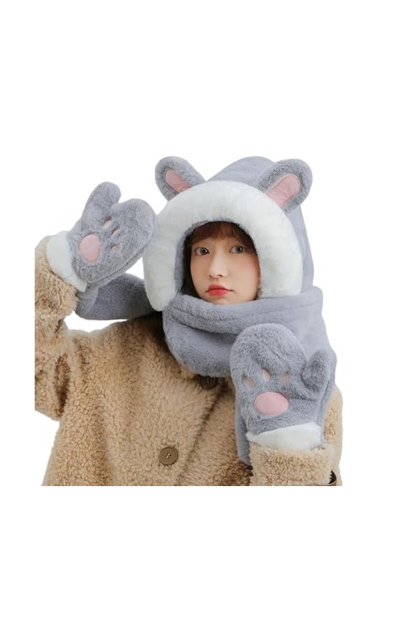 Écharpe dhiver 3 en 1 pour femme avec moufles thermique en fausse fourrure - Cache-cou - Joli cosplay - Casquette de fête po