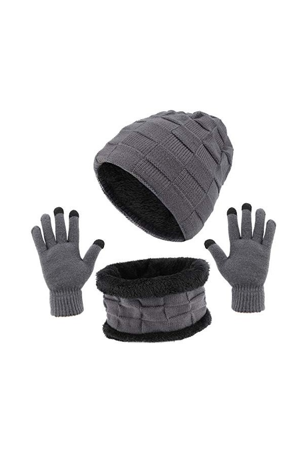 TAGVO Hiver Tricotés Ensemble Bonnet Écharpe Gants Décran Tactile 3 en 1, Doublure Molleton Doux Ski Bonnet Épais Chaud Cach