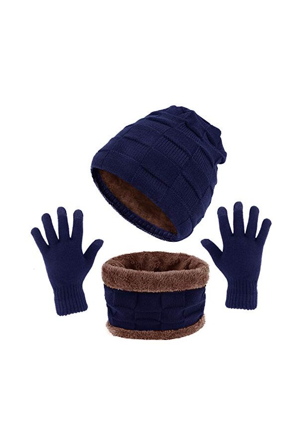 TAGVO Hiver Tricotés Ensemble Bonnet Écharpe Gants Décran Tactile 3 en 1, Doublure Molleton Doux Ski Bonnet Épais Chaud Cach