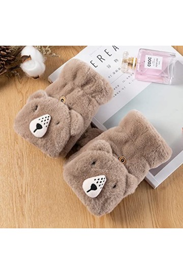 Liyinco Gants sans Doigts en Peluche avec Ours Mignon pour Femme, Gants sans Doigts épais en Peluche pour lhiver, Gants sans