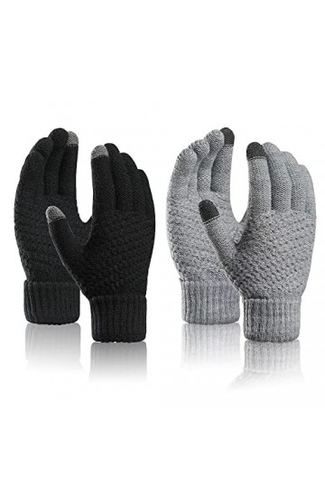 lvzhen Lot de 2 paires de gants dhiver pour femme - Noir et gris - Chauds - Pour écran tactile - En tricot thermique - Antid