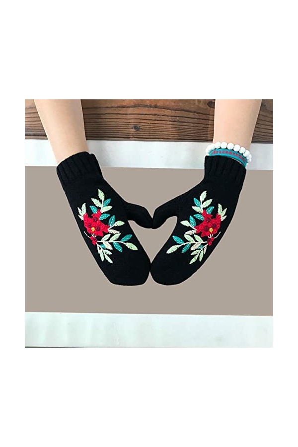 Gants dhiver pour femme faits à la main - Gants élégants pour femme - En tricot chaud brodé - Gants chauds pour homme noir,