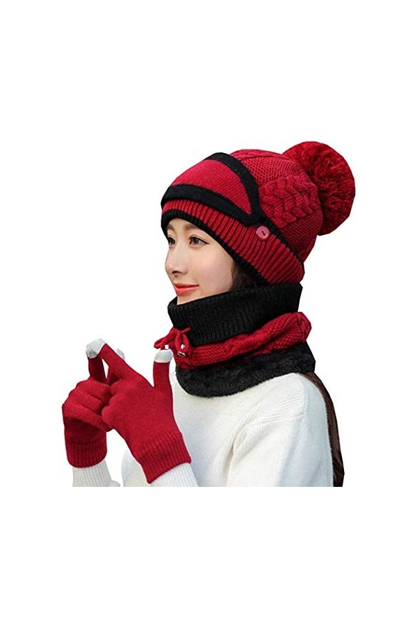JFAN 4 en 1 Ensemble Bonnet et écharpe dhiver Femme Mode Laine Mohair Bonnet Tricotée Polaire（Visière, Gants） Multicolore Mi