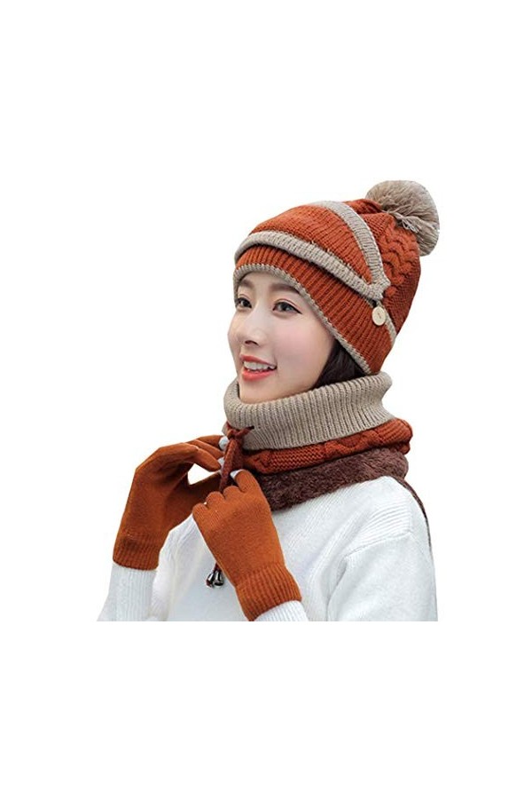 JFAN 4 en 1 Ensemble Bonnet et écharpe dhiver Femme Mode Laine Mohair Bonnet Tricotée Polaire（Visière, Gants） Multicolore Mi