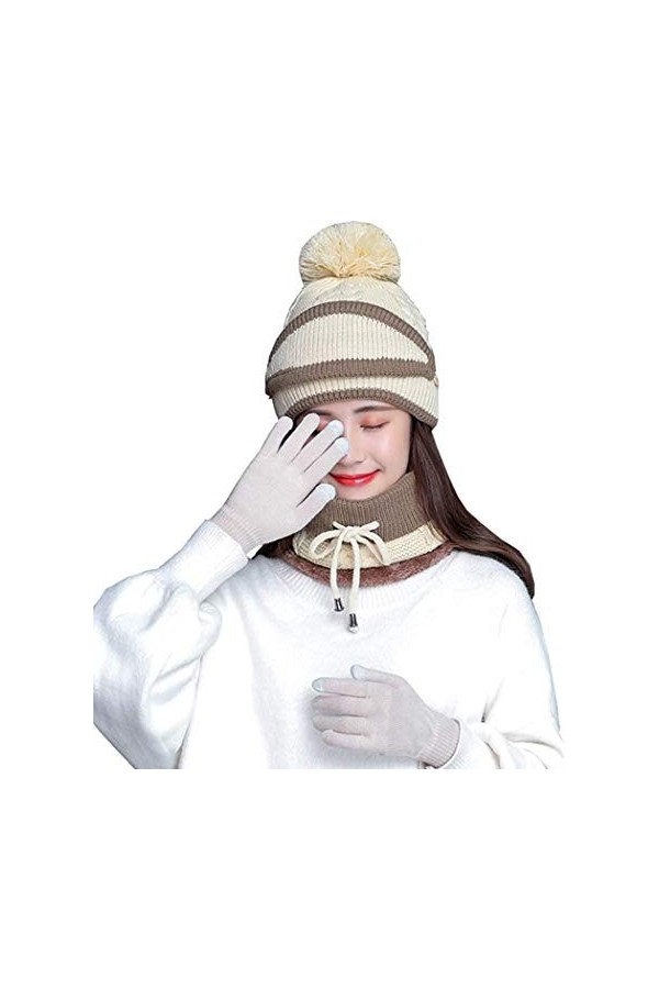 JFAN 4 en 1 Ensemble Bonnet et écharpe dhiver Femme Mode Laine Mohair Bonnet Tricotée Polaire（Visière, Gants） Multicolore Mi