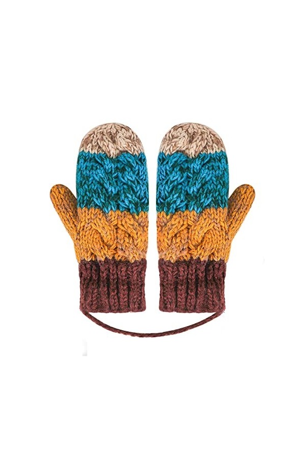 Gant Hiver Femme Fille Mitaines Plein-doigts Laine Tricot Moufles Polaire Chaud avec Rayures croisé Moufles Gants avec Ficell