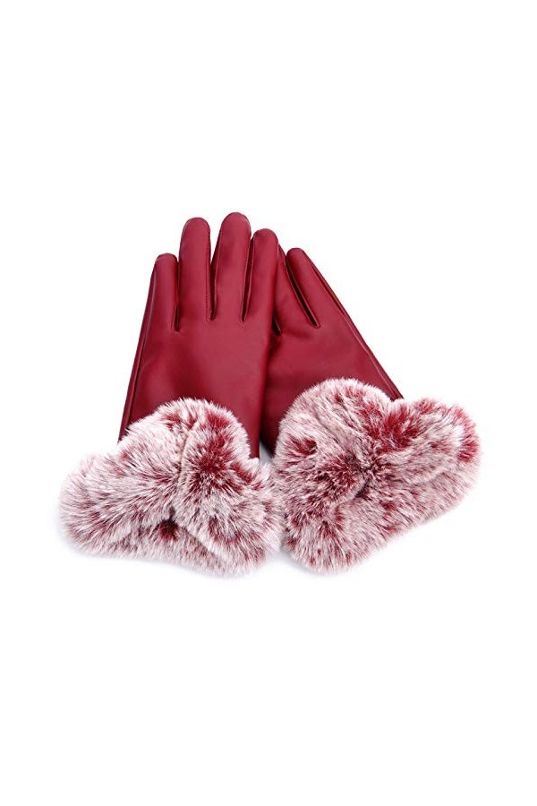 Femmes Hiver Faux Lapin Cuir Gants Plein Doigt Velours Épais Chaud Écran Tactile Moufles Dame Filles Cyclisme, Femme, Noir A
