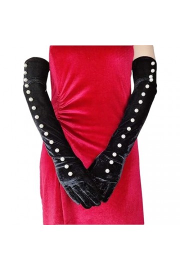 Femmes Vintage Velor Pearl Long Gant Bal Soirée Cérémonie Robe Danse Party Mitaine, Petite perle, taille unique