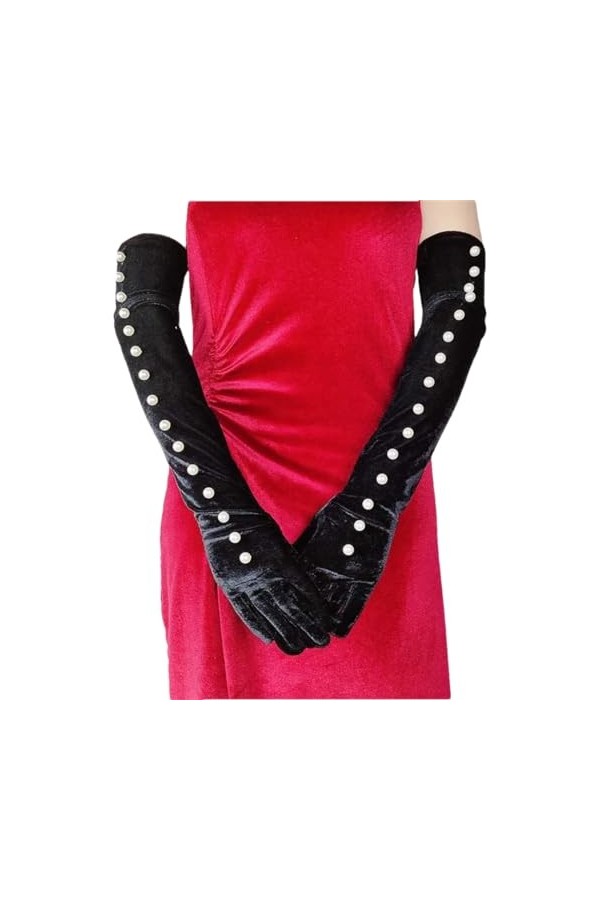 Femmes Vintage Velor Pearl Long Gant Bal Soirée Cérémonie Robe Danse Party Mitaine, Petite perle, taille unique