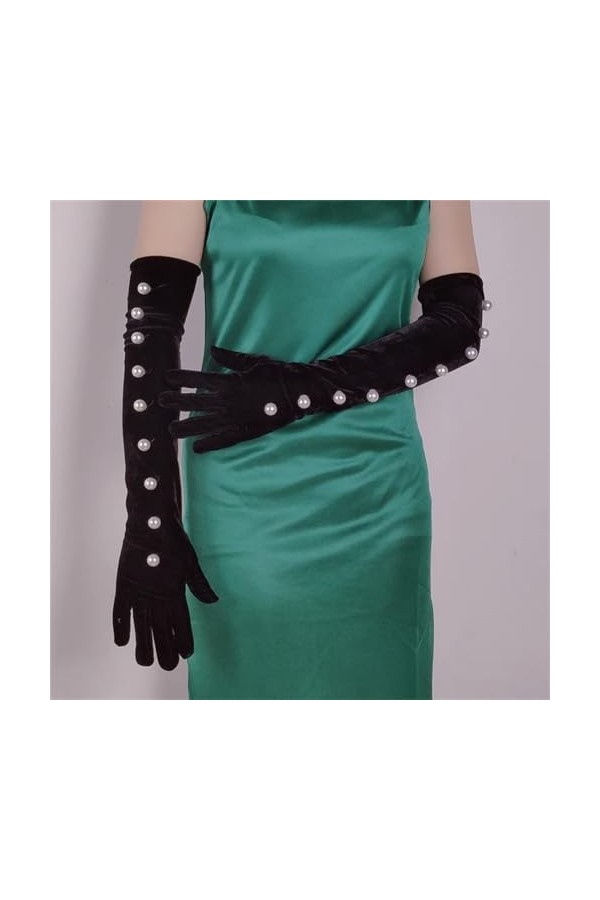Femmes Vintage Velor Pearl Long Gant Bal Soirée Cérémonie Robe Danse Party Mitaine, Petite perle, taille unique
