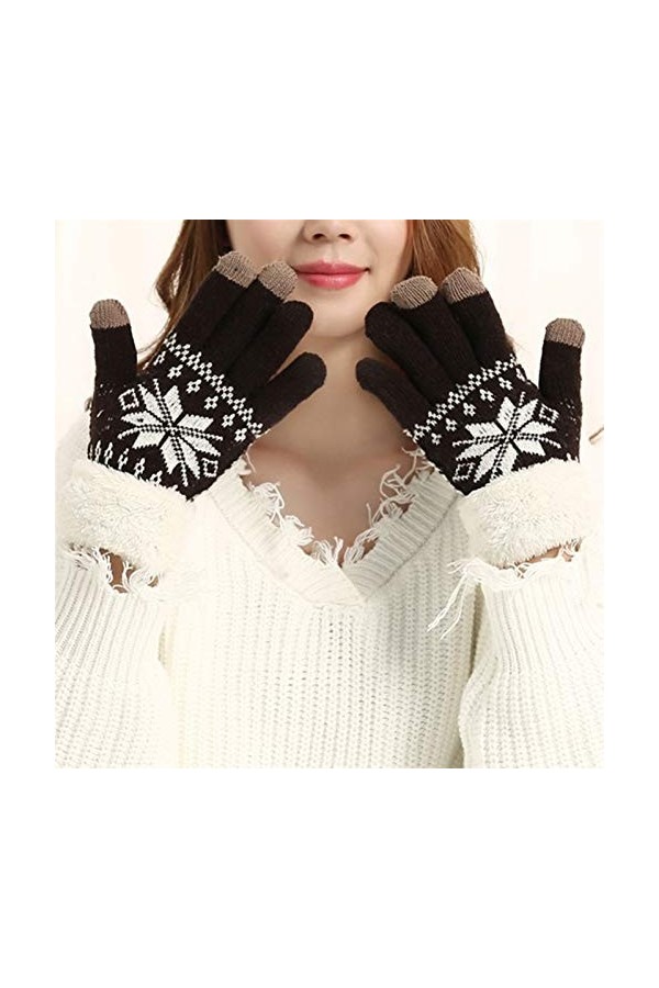 ZNQPLF Gants dhiver À Deux Calques Épais De Cachemire pour Femmes Motif Tricoté De Flocon De Neige Color : Coffee, Gloves S