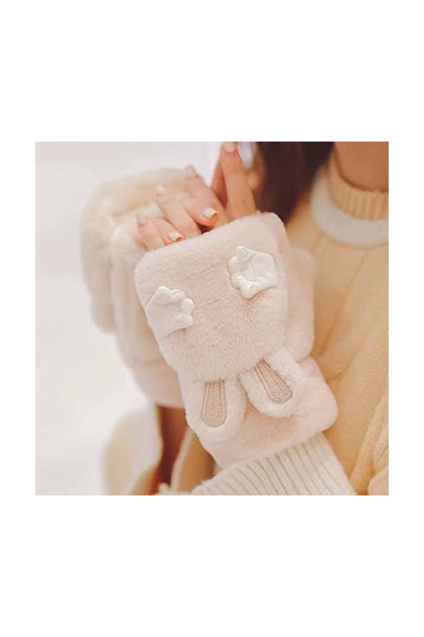 Mesdames Mignon Lapin Flip Gants sans Doigts, Hiver Chaud Gants sans Doigts en Peluche, Gants Tricotés Demi Doigt pour Bureau