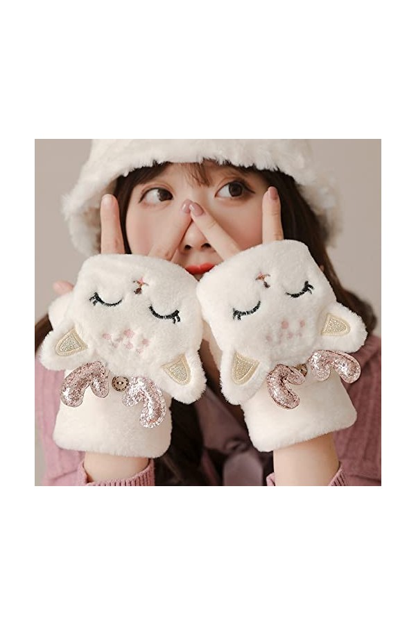 Liyinco Gants sans Doigts en Peluche Elk Mignons pour Femmes, Gants sans Doigts en Peluche Chauds dhiver, Gants sans Doigts 